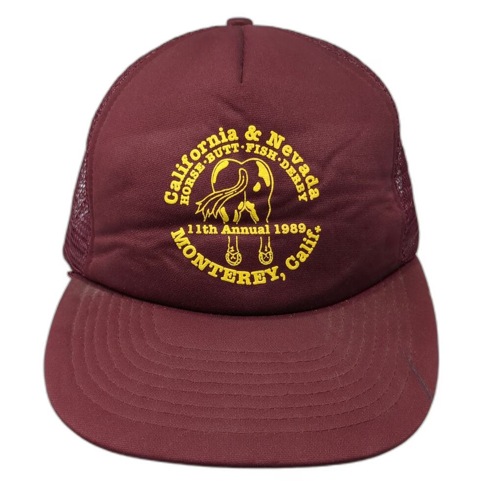 Mohr's Trucker Hat Red Yellow Horse Butt Fish Derby 1989 Monterey Mesh Vintage